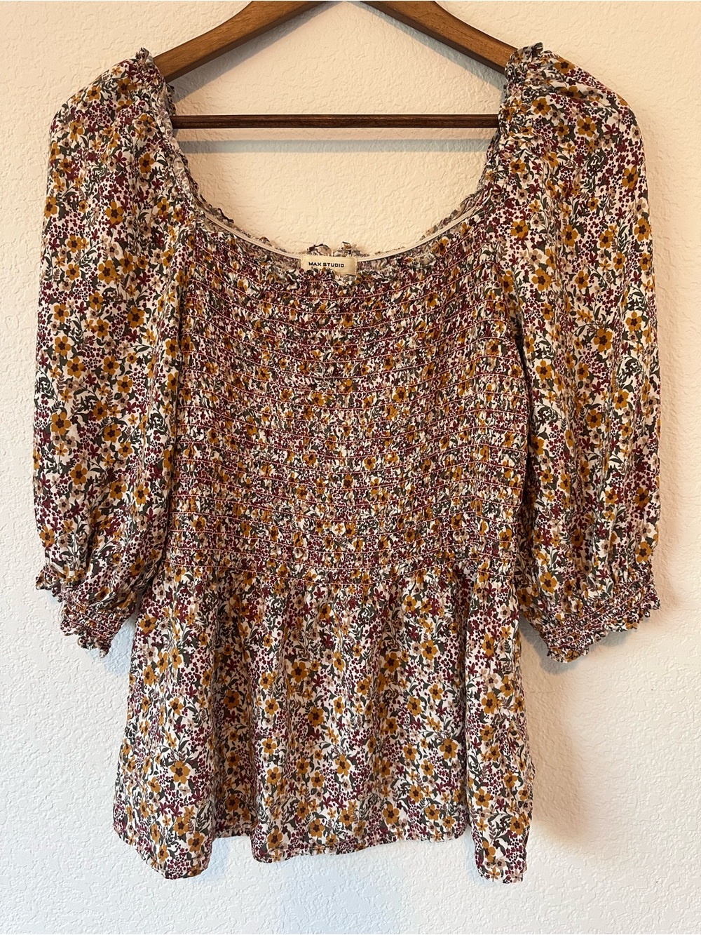 Max Studio Burgundy, Mustard & White Floral Smocked Peasant Top